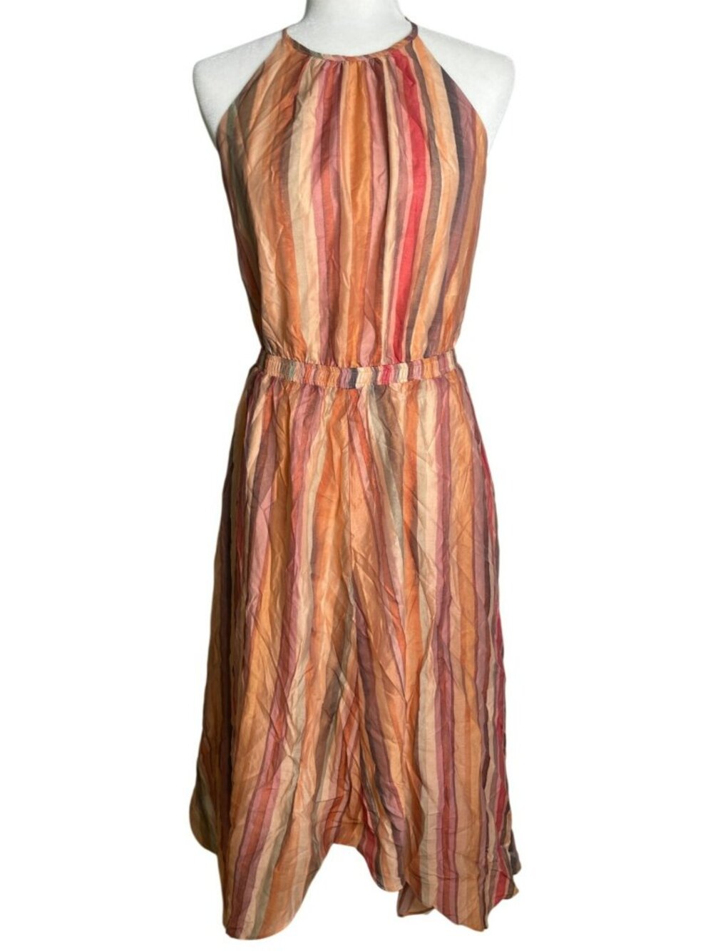 Steve Madden Dakota Dalina Halter Striped Midi Dress Gold Shell Charms Sz L NEW